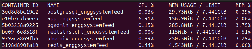 docker stats output showing memory usage per EnggFeed container, captured locally under load