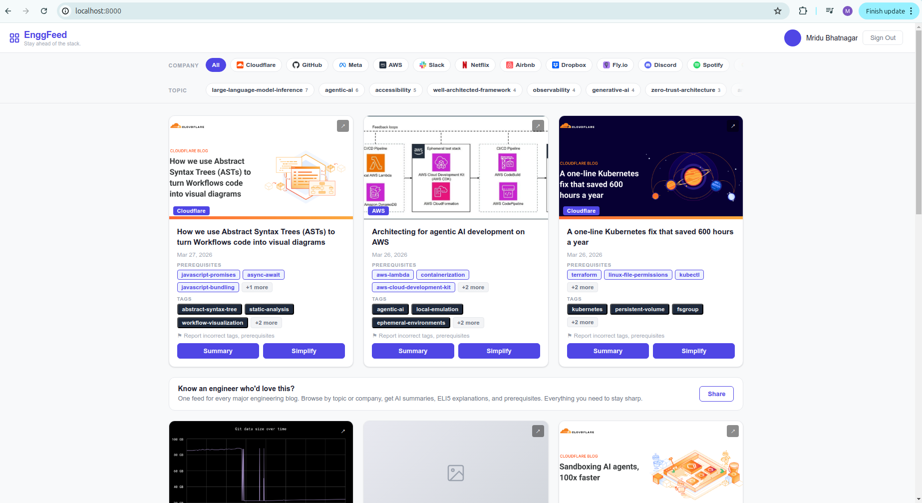 EnggFeed, signed in, showing engineering blog posts with AI-generated summaries and prerequisites